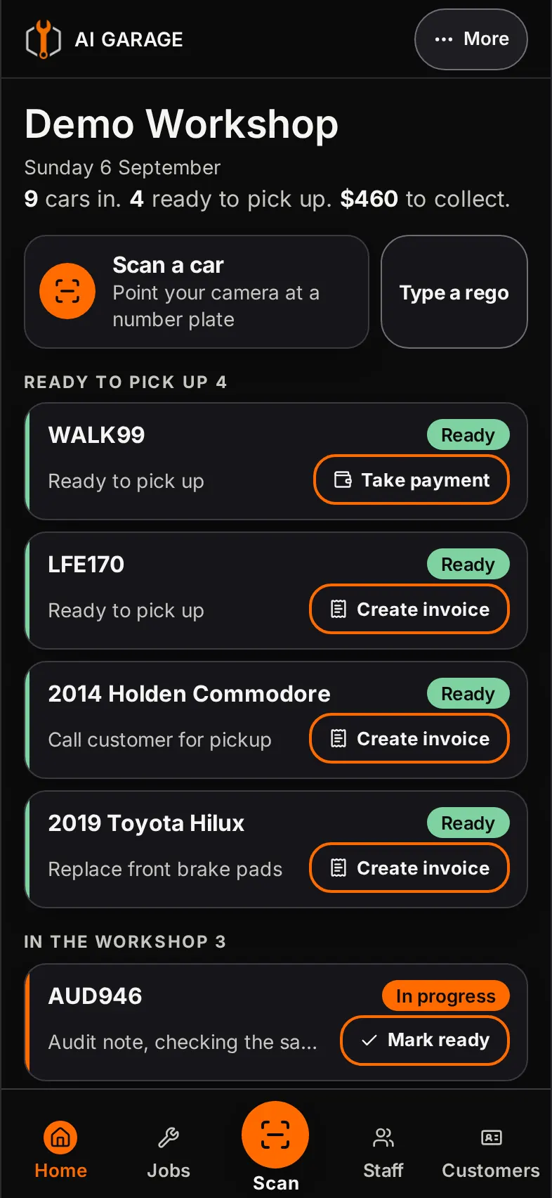AI Garage today screen on a phone listing cars ready to pick up and cars in the workshop