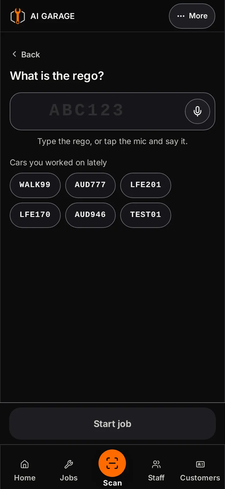 AI Garage rego screen asking what is the rego, with a microphone button and recent regos